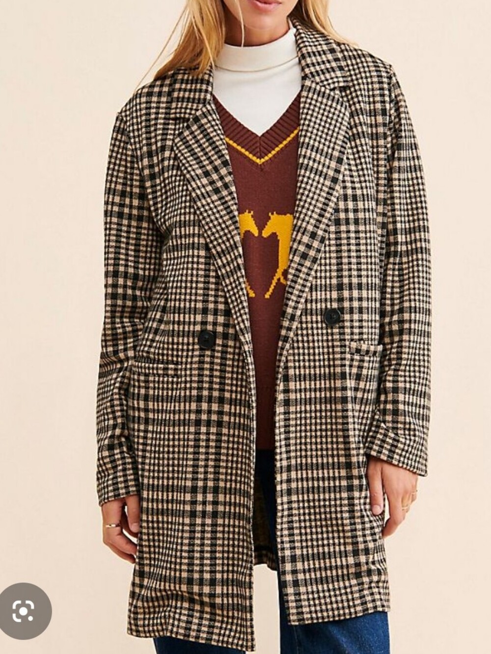 Anthropologie Black and Cream Plaid Pea Coat